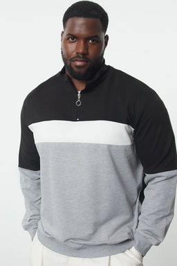 TRENDYOL MAN Buyuk Beden Gri Regular Fit Panelli Uzun Kollu Hakim Yaka Fermuarl? Sweatshirt TMNAW25AO00016