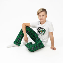 Пижама детская белая/зеленая клетка глаз 827п/1 (122, 64)