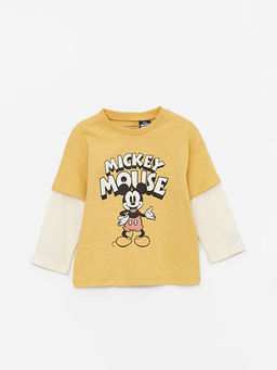 Bisiklet Yaka Uzun Kollu Mickey Mouse Bask?l? Erkek Bebek Ti??rt