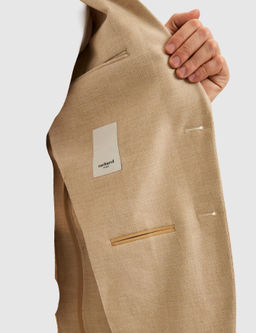 Bej Slim Fit Y_n Keten Kar___ml_ Mikro Desen K_rlang__ Yaka Ceket