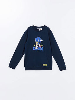 Bisiklet Yaka Sonic Bask?l? Uzun Kollu Erkek ?ocuk Sweatshirt