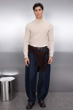 Bej Slim Fit Yunlu Yar?m Bal?kc? Yaka Basic Triko Kazak TMNAW21KZ1595