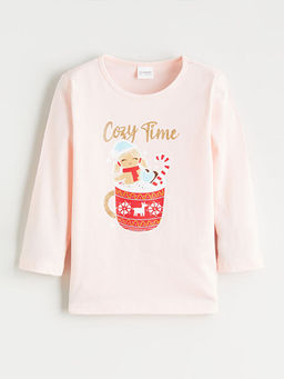 Bisiklet Yaka Bask?l? Uzun Kollu K?z ?ocuk Pijama Tak?m?