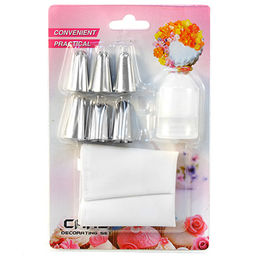 Кондитерский набор 8 предметов "Букет": мешок для крема х/б специальная обратка 32,5см, насадка из нержавеющей стали - 6 штук; фиксатор для насадок пластик; в блистере (Китай)