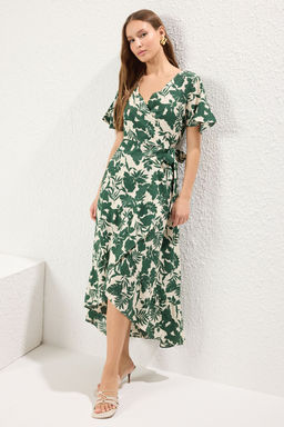 Yesil Kusakl? Cicekli Anvelop Kapamal? Midi Dokuma Elbise TWOSS25EL00141