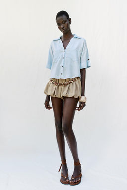 CAMISA CORTA CON LINO / Celeste