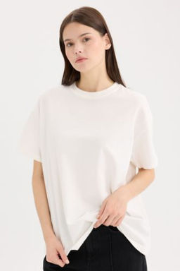 Oversize Genis Kal?p Bisiklet Yaka Basic Duz Kal?n Kumas K?sa Kollu Tisort