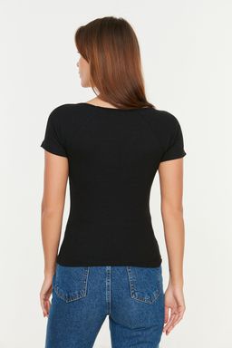Siyah Fitted/Vucuda Oturan Fitilli Pamuk Esnek Orme Bluz TWOSS21BZ0579