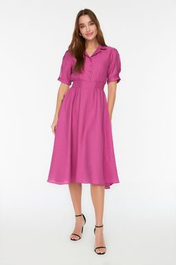 TRENDYOLMILLA Turuncu A Kesim Gomlek Yaka Gipeli Midi Dokuma Elbise TWOSS21EL1023  фото 18