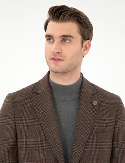 Kahverengi Y_n Kar___ml_ Slim Fit Ceket