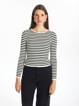 Bisiklet Yaka ?izgili Uzun Kollu Kad?n Triko Kazak