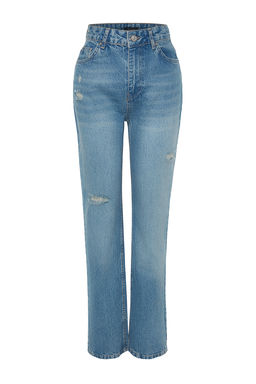 TRENDYOLMILLA Mavi Y?rt?kl? Yuksek Bel Uzun Straight Jeans TWOAW24JE00033