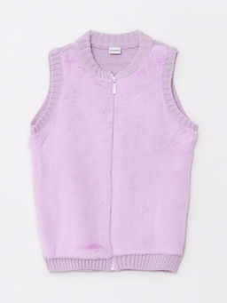 Bisiklet Yaka Pel?? Detayl? Triko K?z ?ocuk Fermuarl? Yelek