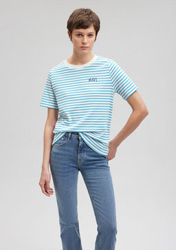 Mavi Logo Bask?l? Mavi Cizgili Tisort