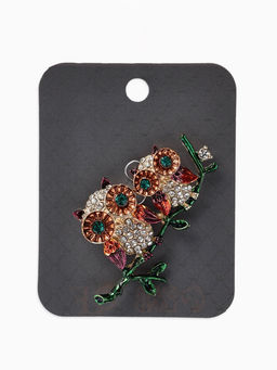 Брошь «Совы» на ветке, цветная в золоте