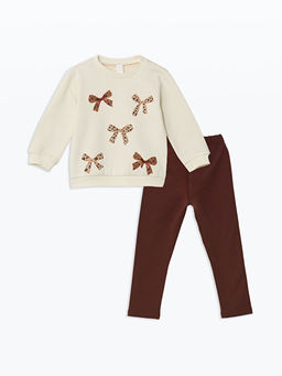 Bisiklet Yaka Uzun Kollu Bask?l? K?z ?ocuk Sweatshirt ve Tayt 2li