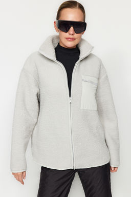Winter Essentials Gri Polar Fermuarl? Dik Yaka Uzun Kol Cep Detayl? Orme Sweatshirt TWOAW24SW00071