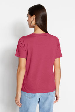 Pembe %100 Pamuk Basic V Yaka Orme T-Shirt TWOSS23TS00001