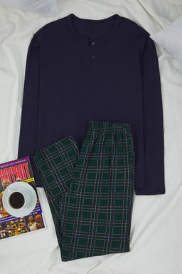 Lacivert Regular Dugmeli YakaEkose Orme Pijama Tak?m? TMNAW26PT00021