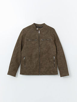 Biker Yaka Deri G?r?n?ml? Erkek Ceket