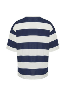 TRENDYOL MAN Lacivert Oversize Yaz? Nak?sl? Cizgili %100 Pamuklu Tok Kumas T-shirt TMNSS24TS00099 - Trendyolmilla фото 8
