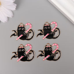 Цена за 4 шт. Декор для творчества металл, эмаль «Чёрный котик с конфетой», чёрно-розовый, 2.4×3.1 см