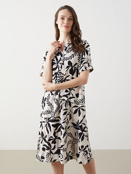 Ka??k Yaka ?i?ekli Keten Kar???ml? Elbise