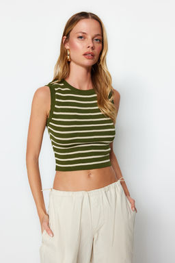 Yesil Crop Cizgili Triko Ince Bluz TWOSS23BZ00584