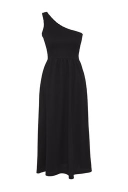 Siyah Duz Gipeli Midi Tek Kol Burumcuk/Dokulu Orme Elbise TWOSS25EL00540 - Trendyolmilla фото 6