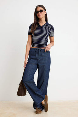 Koyu Mavi Beli Lastikli Yuksek Bel Wide Leg Jeans TWOSS26JE00299