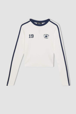 Женская белая классная футболка в рубчик с длинным рукавом с принтом - Defacto фото 7