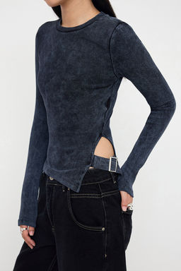 Antrasit Eskitme/Soluk Efektli Fitted/Vucud Otruan Aksesuar Detayl? Esnek Orme Bluz TWOAW26BZ00111 - Trendyolmilla фото 3
