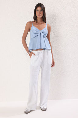 Ac?k Mavi Keten Gorunumlu Fiyonk Detayl? Ask?l? Dokuma Bluz TWOSS25BZ00249