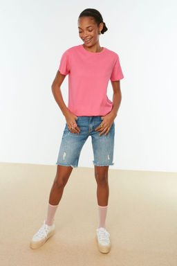 Indigo-Pembe %100 Pamuk 2li Paket Basic Bisiklet Yaka Orme T-Shirt TWOSS20TS0141