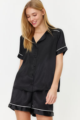 Trendyolmilla Siyah Biye Detayl? Saten Sortlu Dokuma Pijama Tak?m? THMSS24PT00026  фото 3