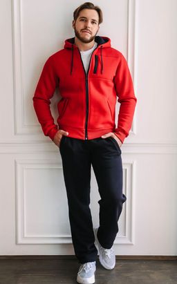 утепленный Спортивный костюм М-1617: Футер 3-х ниточный Красный / Тёмно-синий