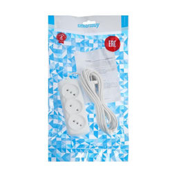 Удлинитель Smartbuy, 3 розетки, 5 м, 6 А, 1300 Вт, ШВВП 2×0.75 мм², без заземления, белый