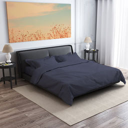 Постельное белье, комплект Евростандарт "Темный деним", 4 предмета: пододеяльник 200х215см, простыня 220х240см, 2 наволочки 70х70см с клапаном-запахом, микрофибра 80г/м2, полиэстер 100%, упаковка "классическая" ПВХ 34,5х41см, "Домашняя мода" (Россия)
