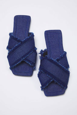 Trendyol Shoes Ekru Puskul Detayl? Denim Capraz Bantl? Kad?n Terlik TAKSS25TE00043