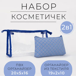 Набор косметичек 2 в 1 на молниях, цвет синий/прозрачный