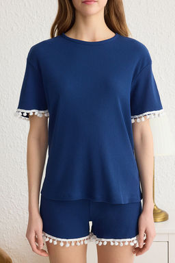 Trendyolmilla Lacivert Ponpon Detayl? Fitilli Sortlu Orme Pijama Tak?m? THMSS25PT00073  фото 3