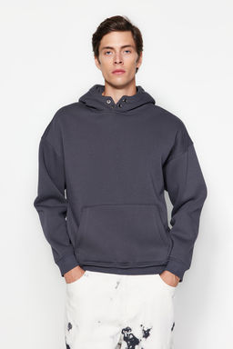 Antrasit Kapusonlu Yakas? C?tc?tl? Basic Oversize/Genis Kesim Ici Polar Sweatshirt TMNAW24SW00043