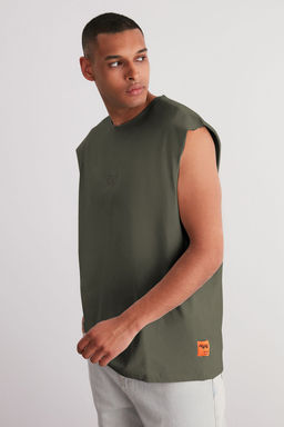 Gri Oversize/Genis Kesim Kabar?k Yaz? Bask?l? Etiketli S?f?r Kol T-Shirt/Atlet TMNSS24AL00005