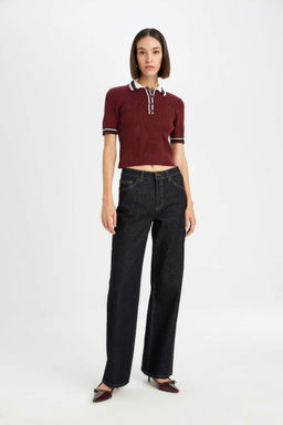 Бордово-красный трикотажный свитер стандартного кроя с воротником поло и короткими рукавами на пуговицах - Defacto фото 2