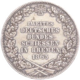 Монета 1 талер 1865 года B Бремен Второй немецкий стрелковый фестиваль