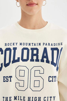 Женская белая толстая толстая толстовка свободного покроя с круглым вырезом и принтом - Defacto фото 5