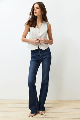Bej Fitted Fitted Dugmeli Crop Dokuma Yelek TWOSS21YE0009