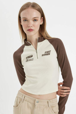 Coool Fitted Fitilli Kaskorse Yar?m Fermuarl? Dik Yaka Renk Bloklu Bask?l? Uzun Kollu Tisort - Defacto фото 2