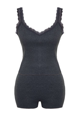 Trendyolmilla Antrasit Dantelli Fitilli Sortlu Orme Pijama Tak?m? THMSS24PT00006 фото 16