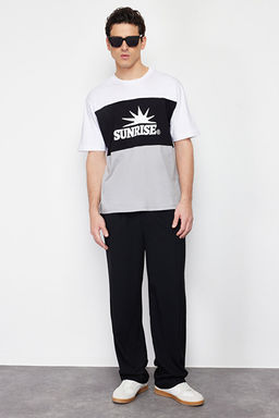 Siyah Oversize/Geni_ Kesim Yaz_ Bask_l_ Renk Bloklu %100 Pamuklu K_sa Kol T-Shirt TMNSS24TS00129